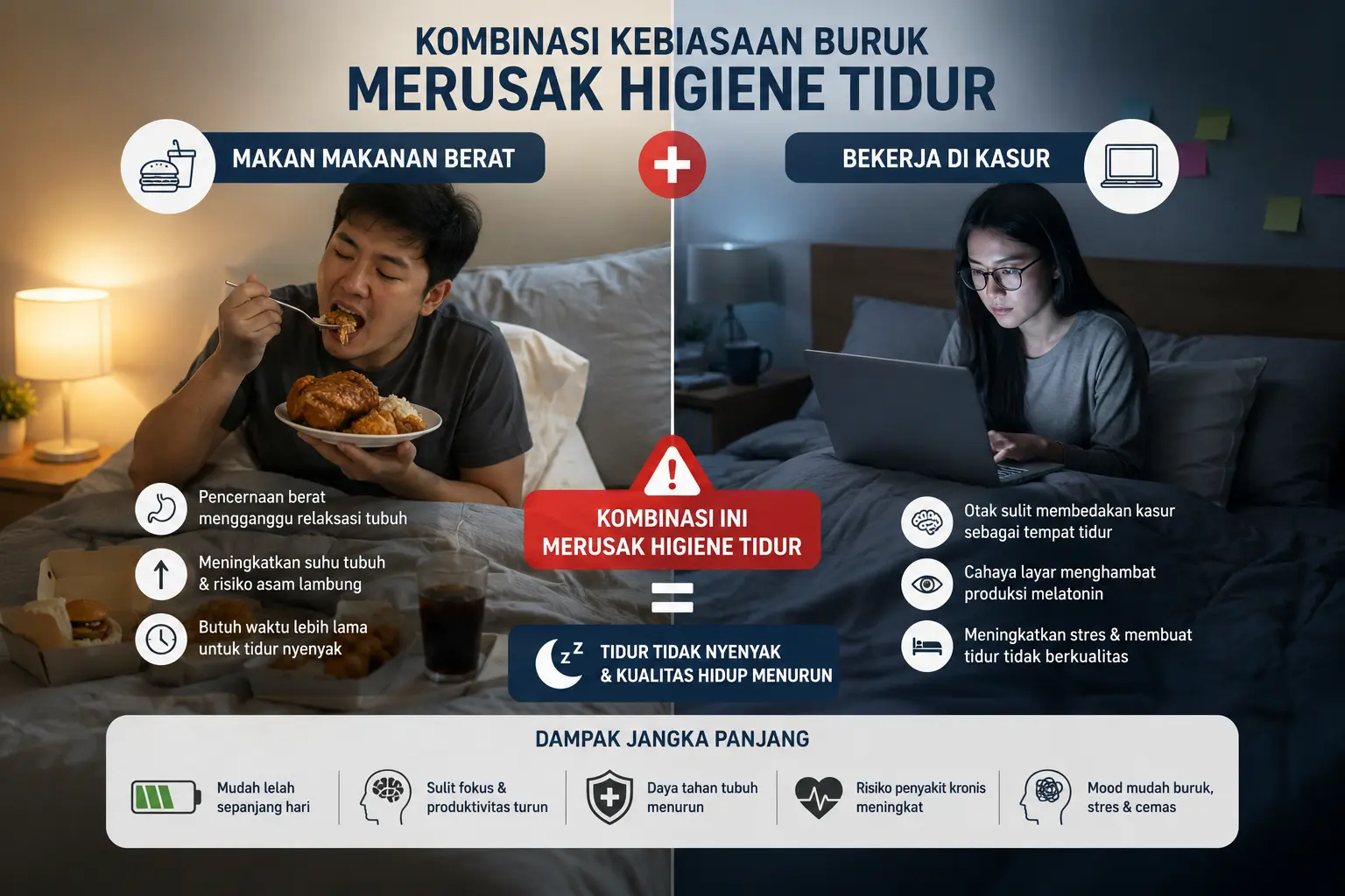Makan makanan berat dan bekerja di kasur adalah kombinasi kebiasaan buruk yang merusak higiene tidur.
