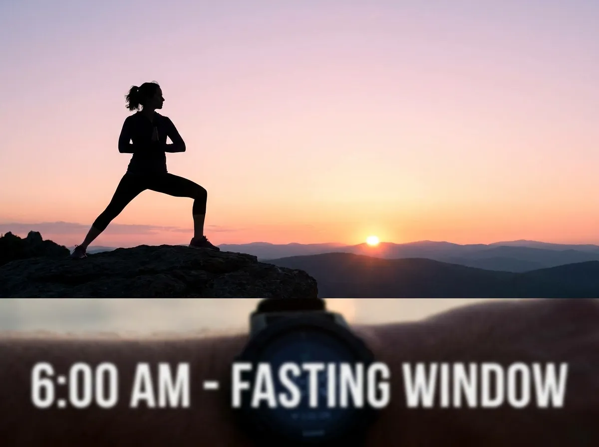 Siluet seseorang sedang meditasi atau berolahraga di pagi hari, menggambarkan fokus dan kedisiplinan dalam intermittent fasting.